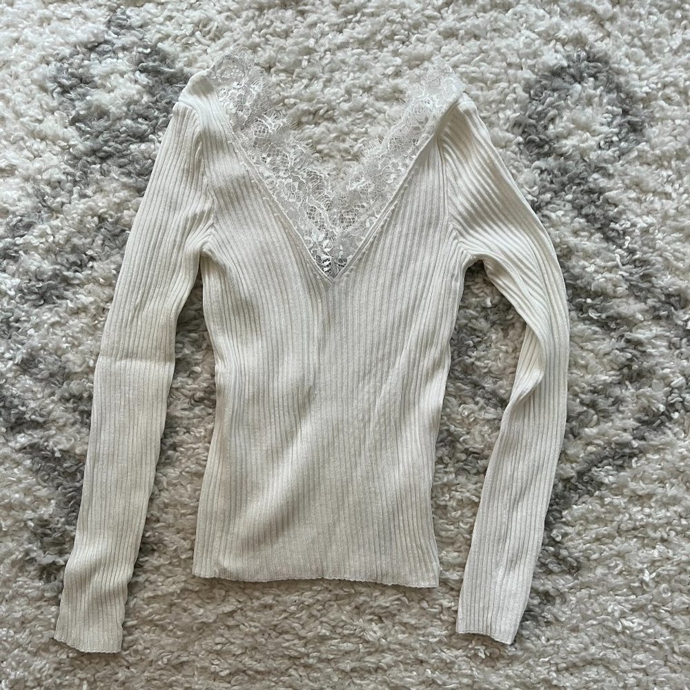 ASOS Women's White Lace v-neck Sweater Longsleeve